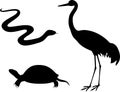 Silhouettes of swamp animals: common crane, snake and turtle